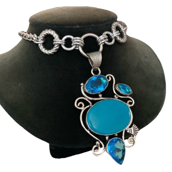 Blue topaz & blue agate turquoise color gemstone maille handmade boho necklace - Picture 2 of 15